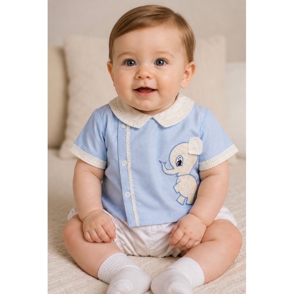 Baby in the Carriage by Bo-Peep Boys Blue Button Front Shirt Top 6-12M elephant
